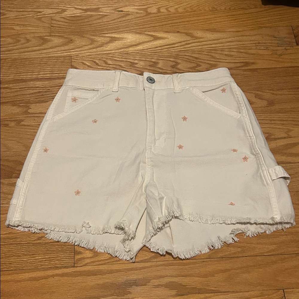 American Eagle Outfitters Cream Jean Shorts with Frayed Hem
